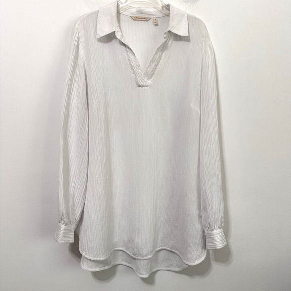Soft Surroundings Tunic Top M 2FD53 White Long Sleeve V Neck Beachy Semi Sheer - Picture 1 of 10
